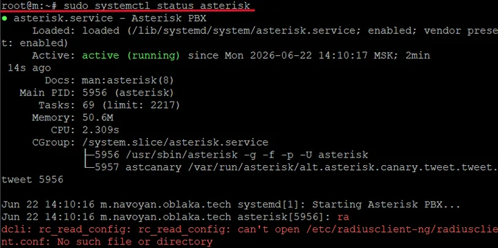 Скрин 2. Проверка статуса&nbsp;Asterisk.