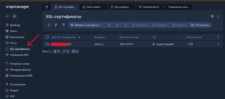 Скрин 1. Переход в раздел "SSL-сертификаты".
