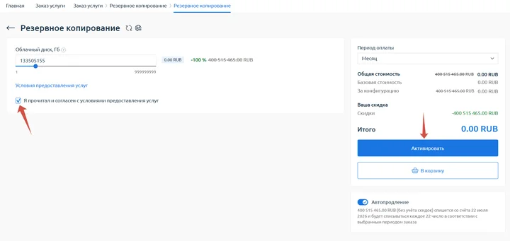 Скрин 3. Настройка и оплата выбранной услуги.