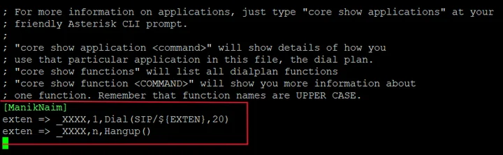 Скрин 6. Настройка маршрутизации в файле extensions.conf.